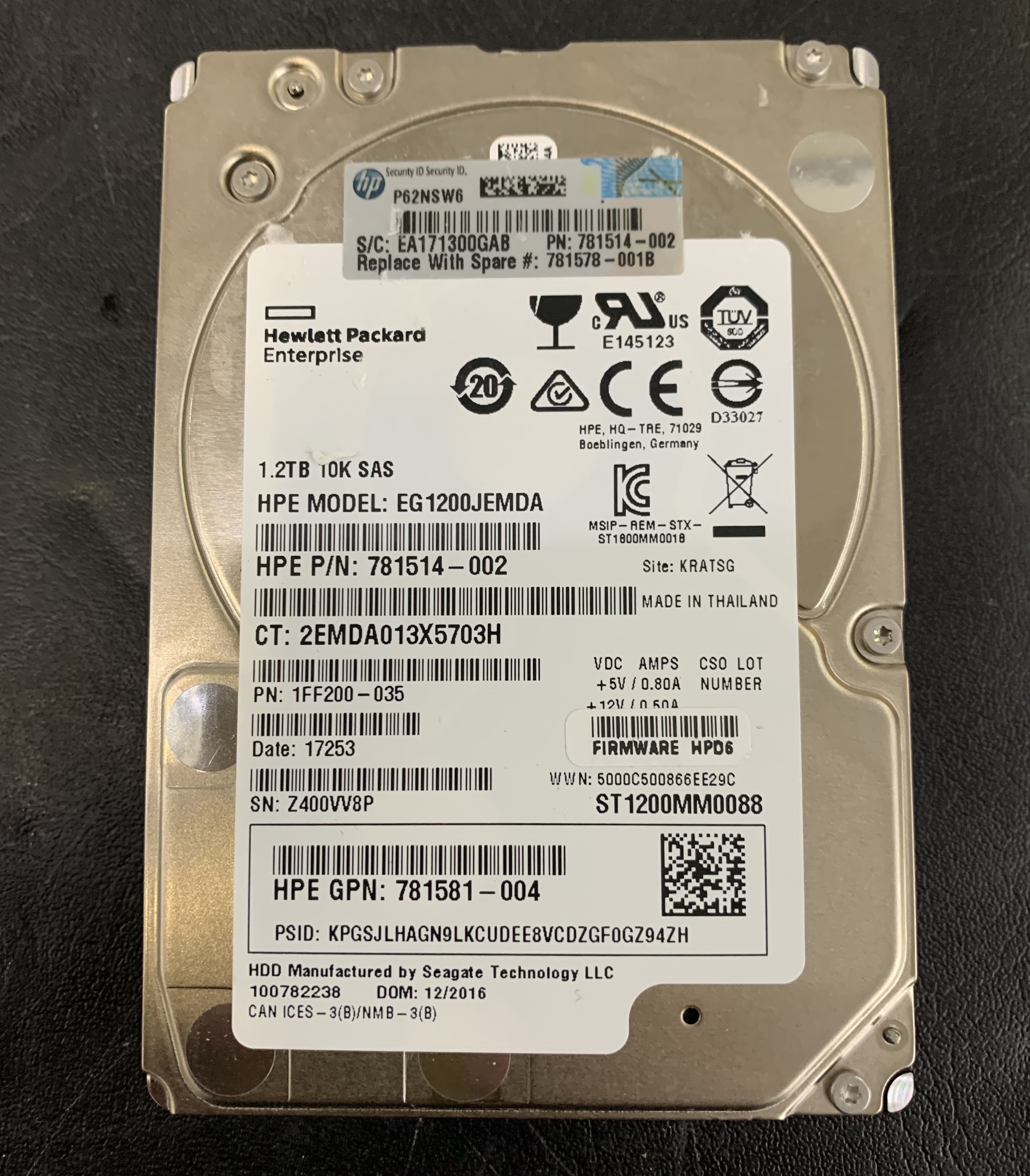 HPE EG1200JEMDA Festplatte 1.6TB 2,5" 10000U/m SFF SAS  781514-002  Nr.8   