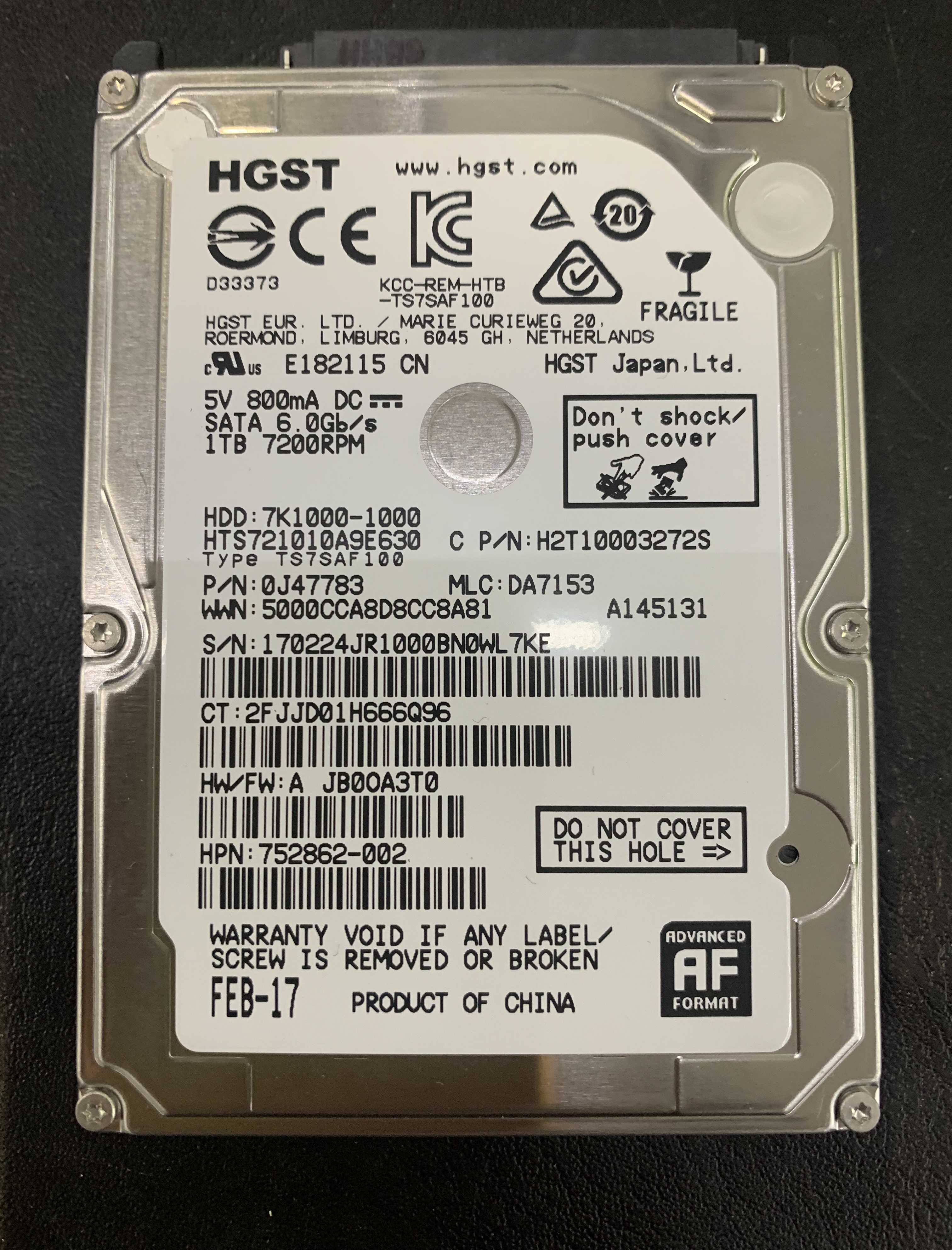 HGST Travelstar 2,5" Festplatte 1.0TB SATAIII 32MB Cache 7200RPM HTS721010A9E630